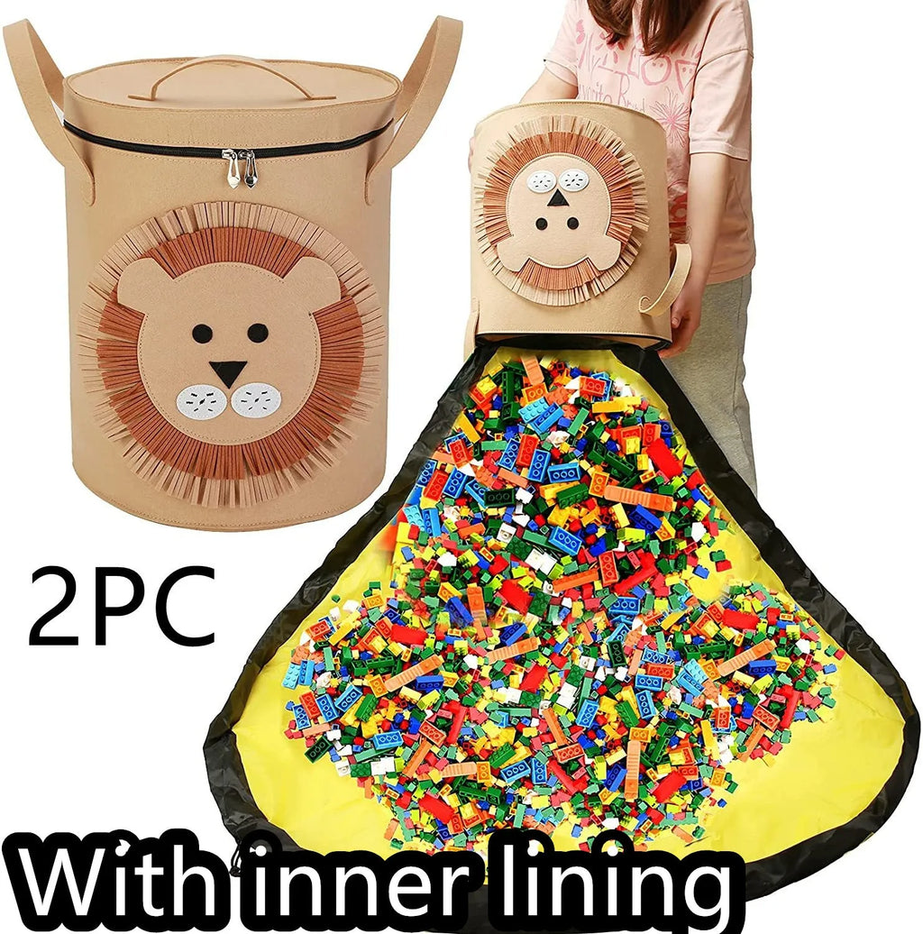 Green felt cube storage bag open as play mat with pull rope closure for toy organisation
