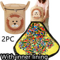 Green felt cube storage bag open as play mat with pull rope closure for toy organisation