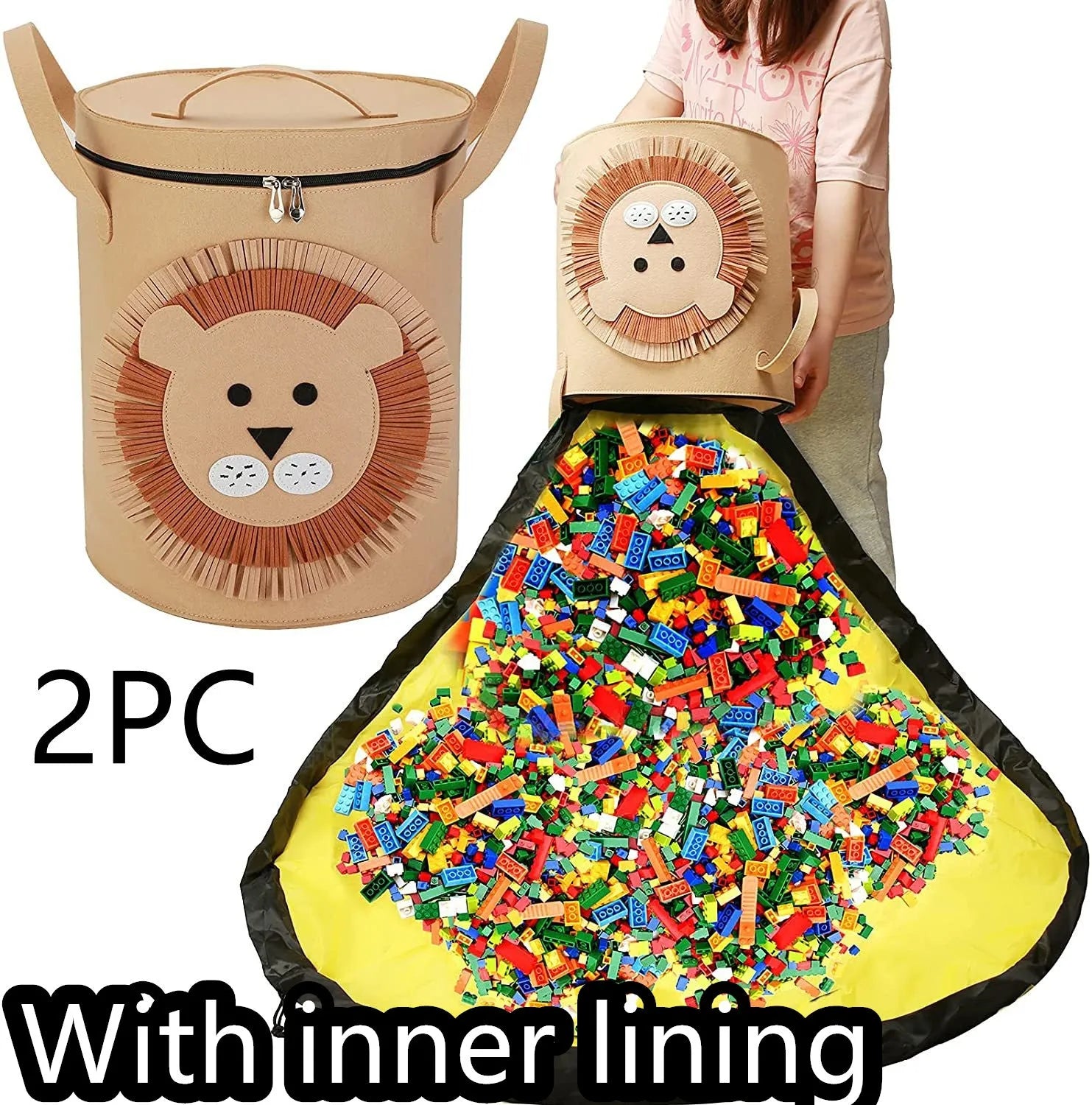 Green felt cube storage bag open as play mat with pull rope closure for toy organisation
