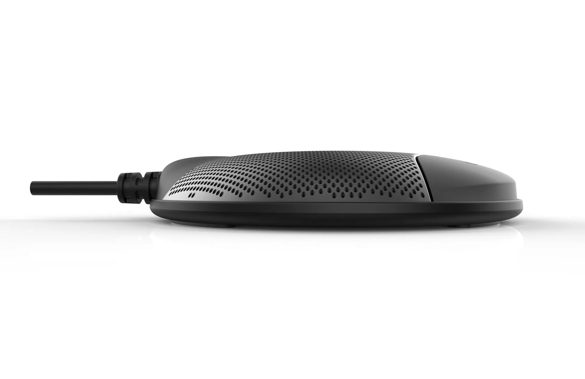 Black USB condenser microphone for conference calls and recording measuring 9x9x1.7cm
