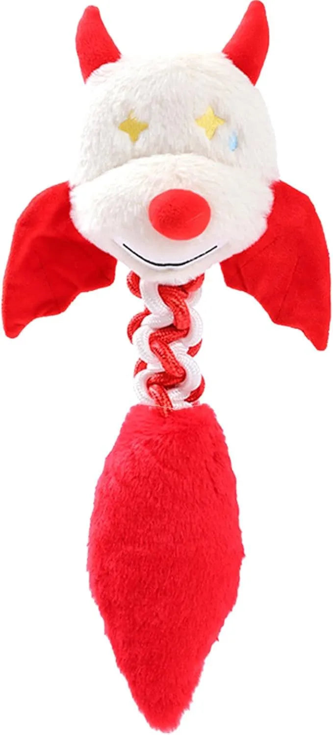 Plush dog toy with cartoon shape, rope knot, in black, green, or red on white background.