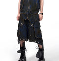 Blue Korean style hooded denim vest coat with matching trousers, front zip closure.