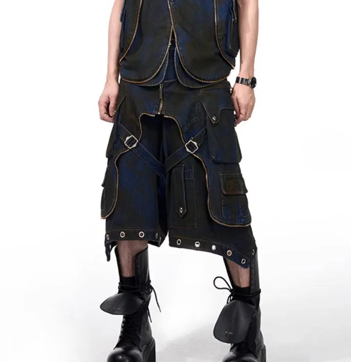Blue Korean style hooded denim vest coat with matching trousers, front zip closure.