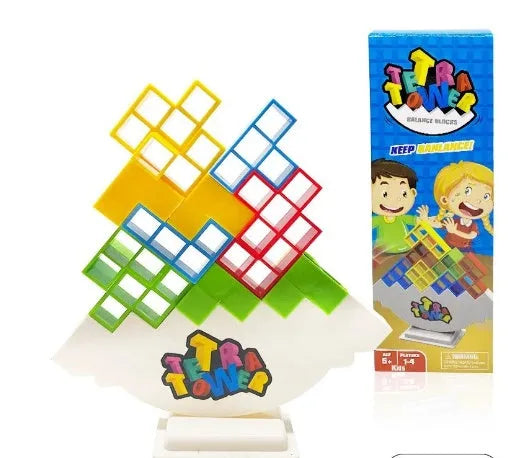 Plastic balance stacking board game with 16 colourful blocks, chassis, and base in a 26.5cm square box.