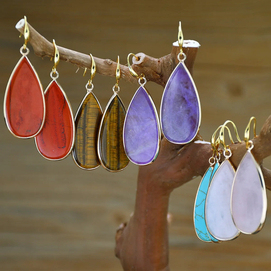 Vintage style women's stone drop earrings with long water design in five colour options