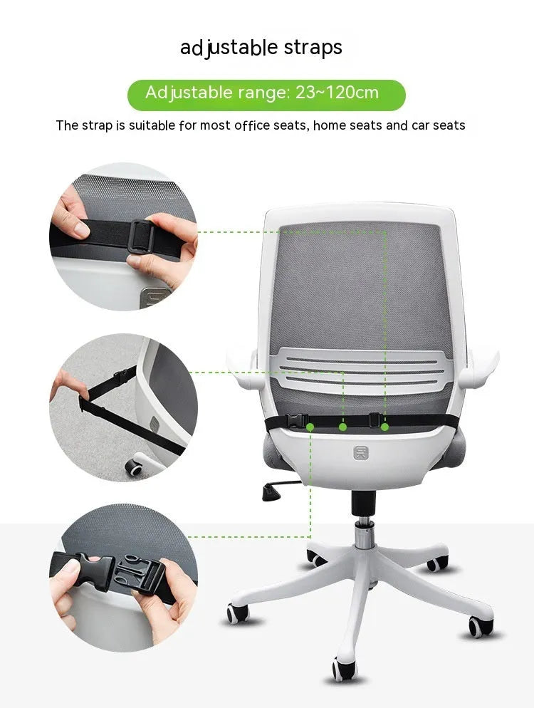 Memory foam car and office chair cushion with an attached fixed strap in a solid colour.