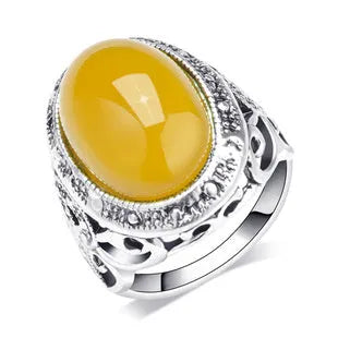 Retro geometry alloy ring antique silver amber colour with fluorescent beeswax design