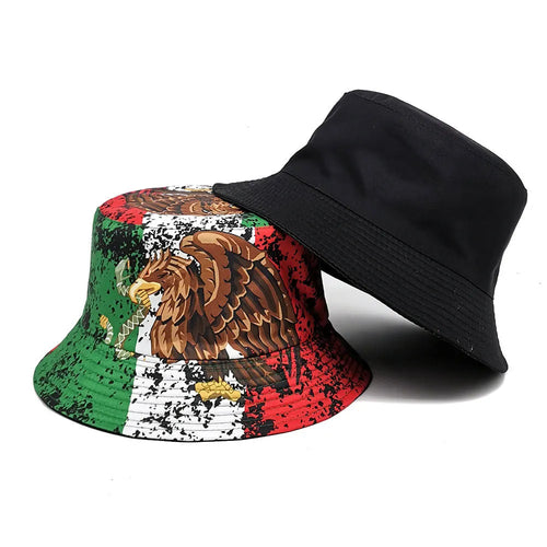 Eagle pattern bucket hat in polyester fabric with dome crown and retro styling