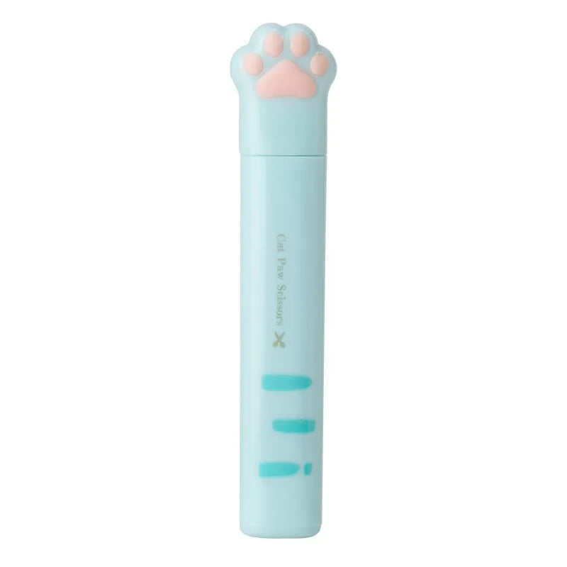 Folded cat paw mini scissors in stainless steel and plastic available in pink blue black and white colours measuring 8.7cm