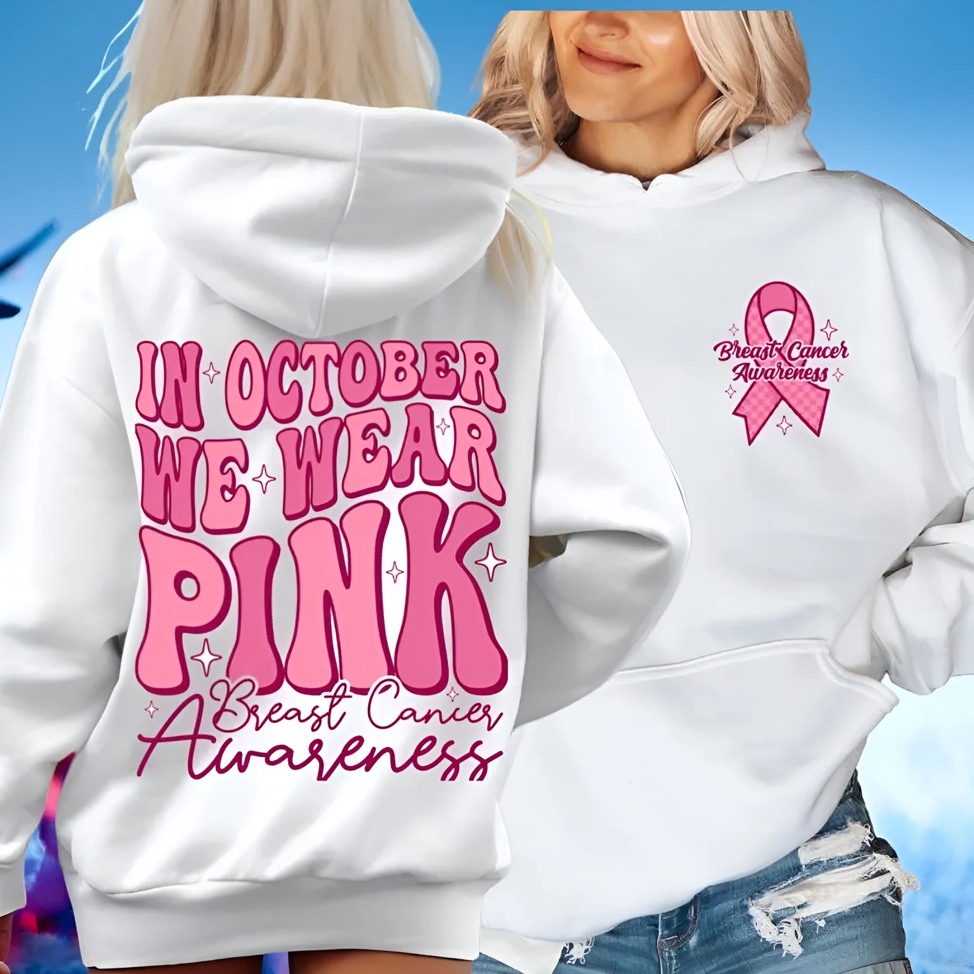 Breast Cancer Awareness pullover hoodie with retro art print and side seam pockets, shown in pink.
