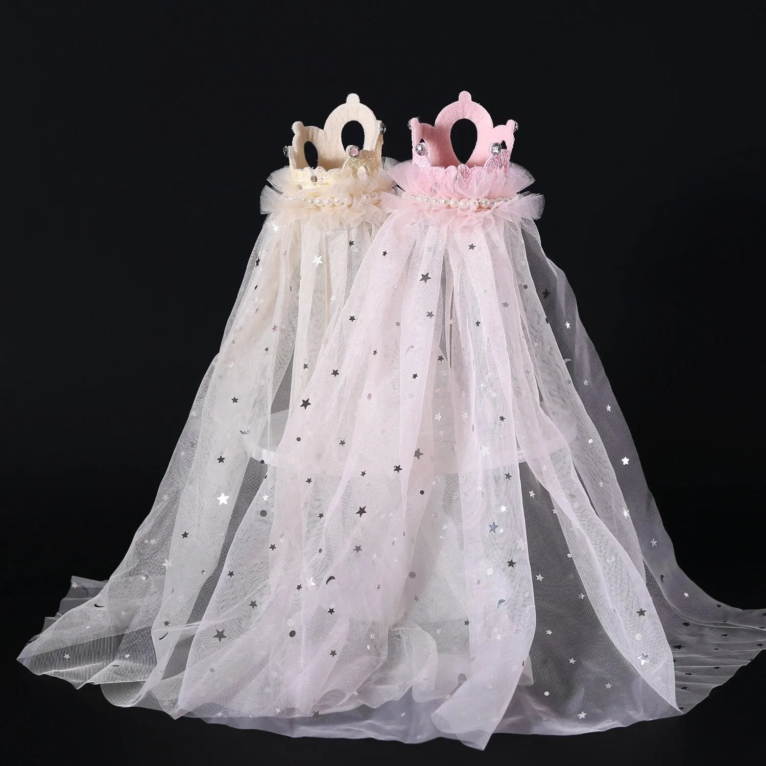 Pet cat wearing princess crown headdress with cotton polyester veil in beige colour