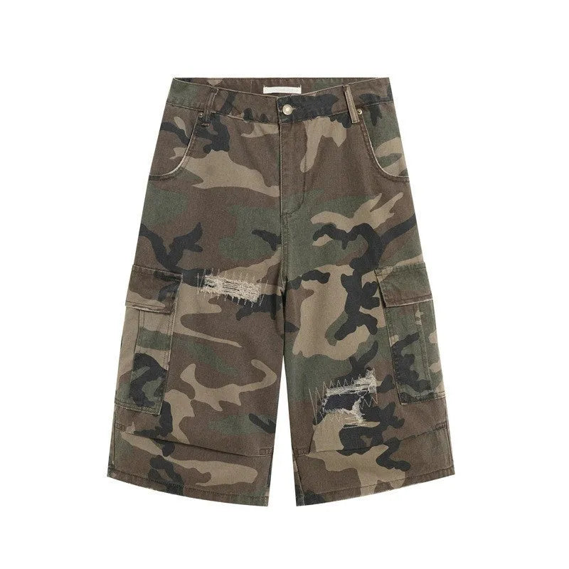 Men's camouflage cropped jeans with patch ripped detailing and straight-leg cut