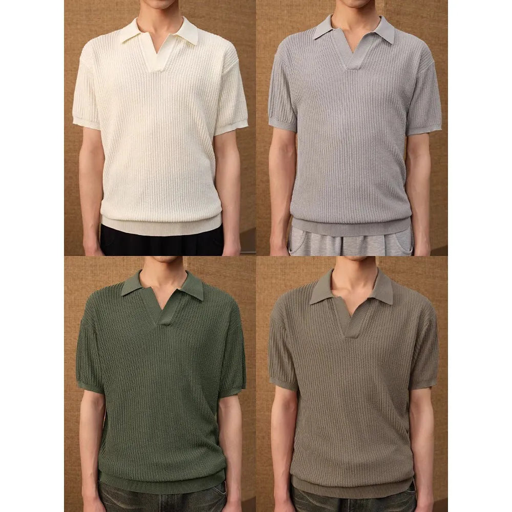 Men's loose fit striped polo shirt in ice silk fabric showing business collar and short sleeves