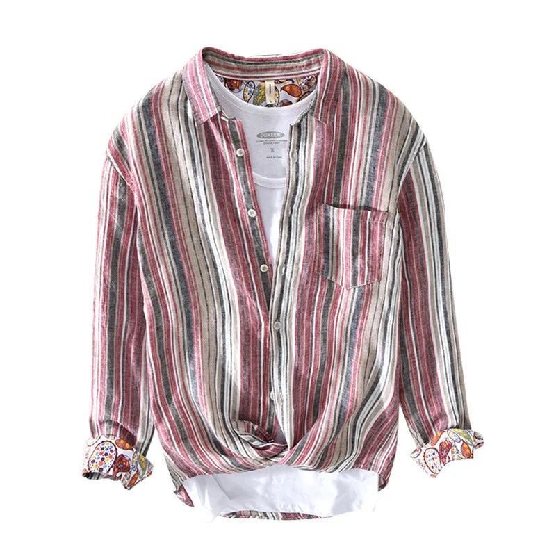 Men's striped linen shirt in loose fit with long sleeves for casual summer wear