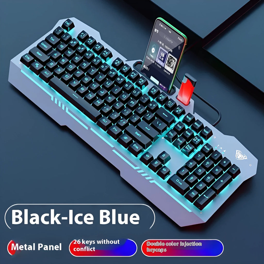 Metal mechanical keyboard bundle with gaming mouse, headset, and optional mouse pad on a desk.