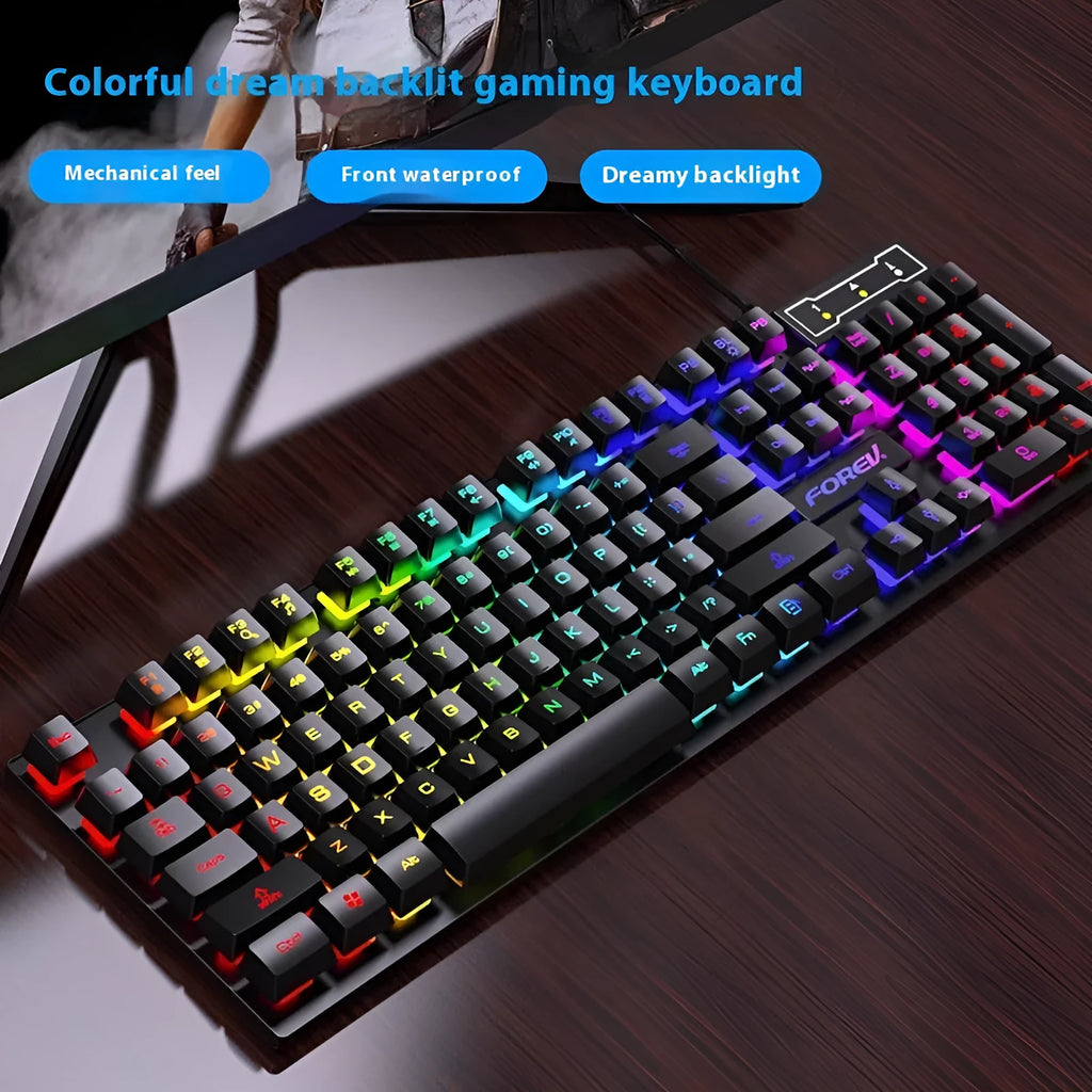 Black 104-key mechanical gaming keyboard with backlight and optical mouse on desktop