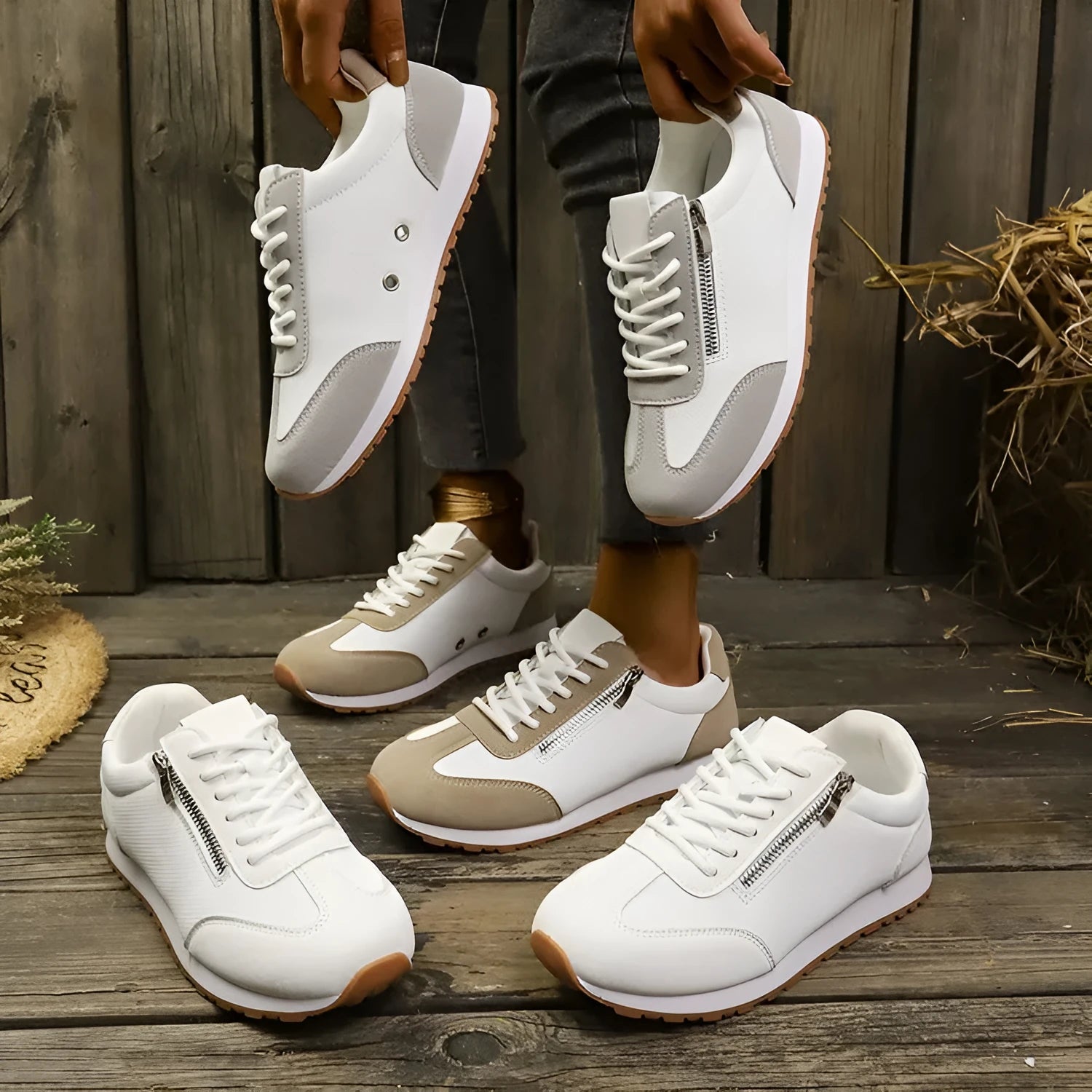 Women's flat-heeled shoes in grey, white and champagne colours with artificial PU upper and rubber sole