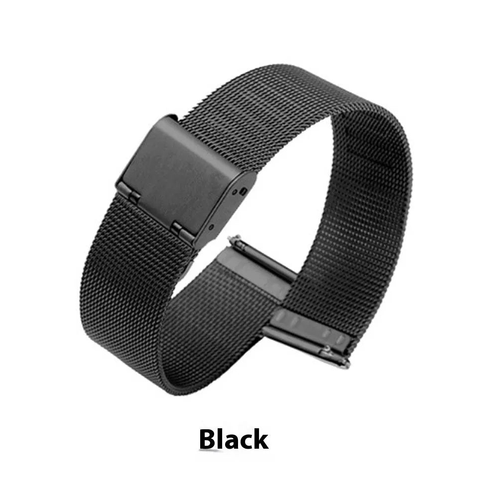 Milani silk woven stainless steel watch band showing natural texture and metallic finish