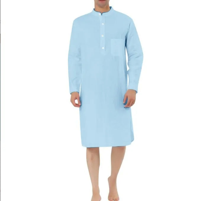 Men's cotton shirt robe with a front pocket, shown in one of nine available colours.