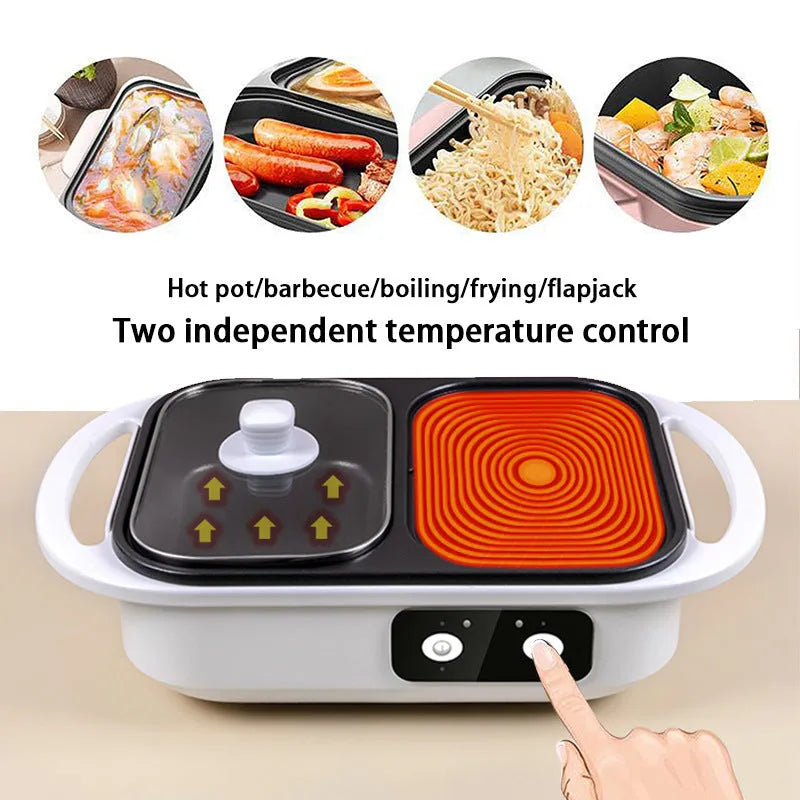 White and green dual-function electric caldron and frying oven appliance with mechanical controls