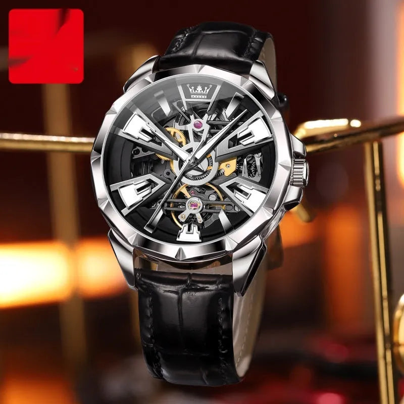 Men's automatic mechanical watch with hollow dial design and brown leather strap