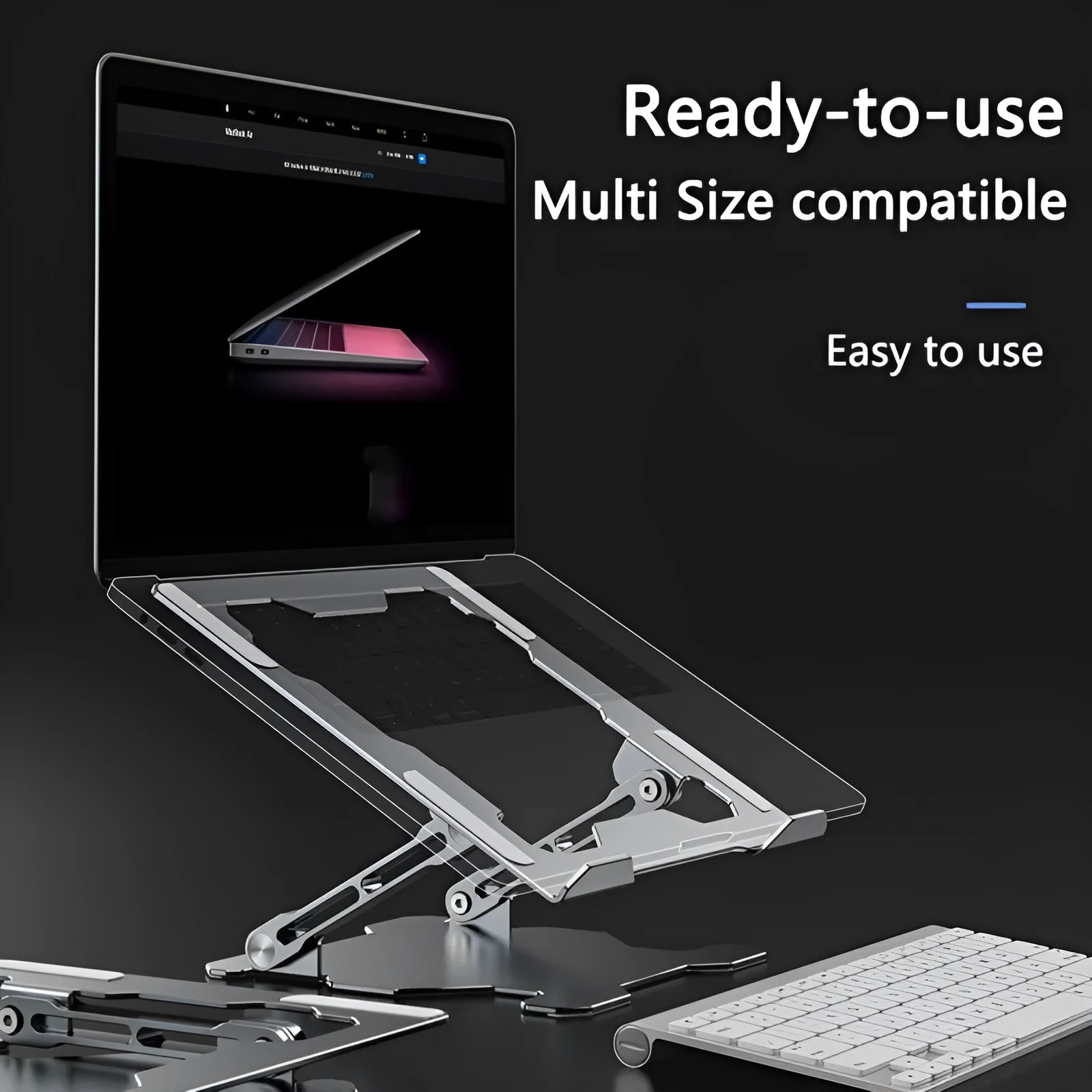 Grey aluminium laptop stand with adjustable angle and folding legs for portable use