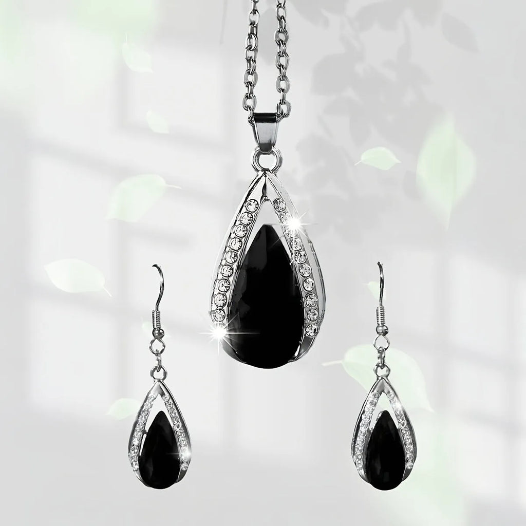 Teardrop pendant necklace and matching earrings set in black and red alloy jewellery