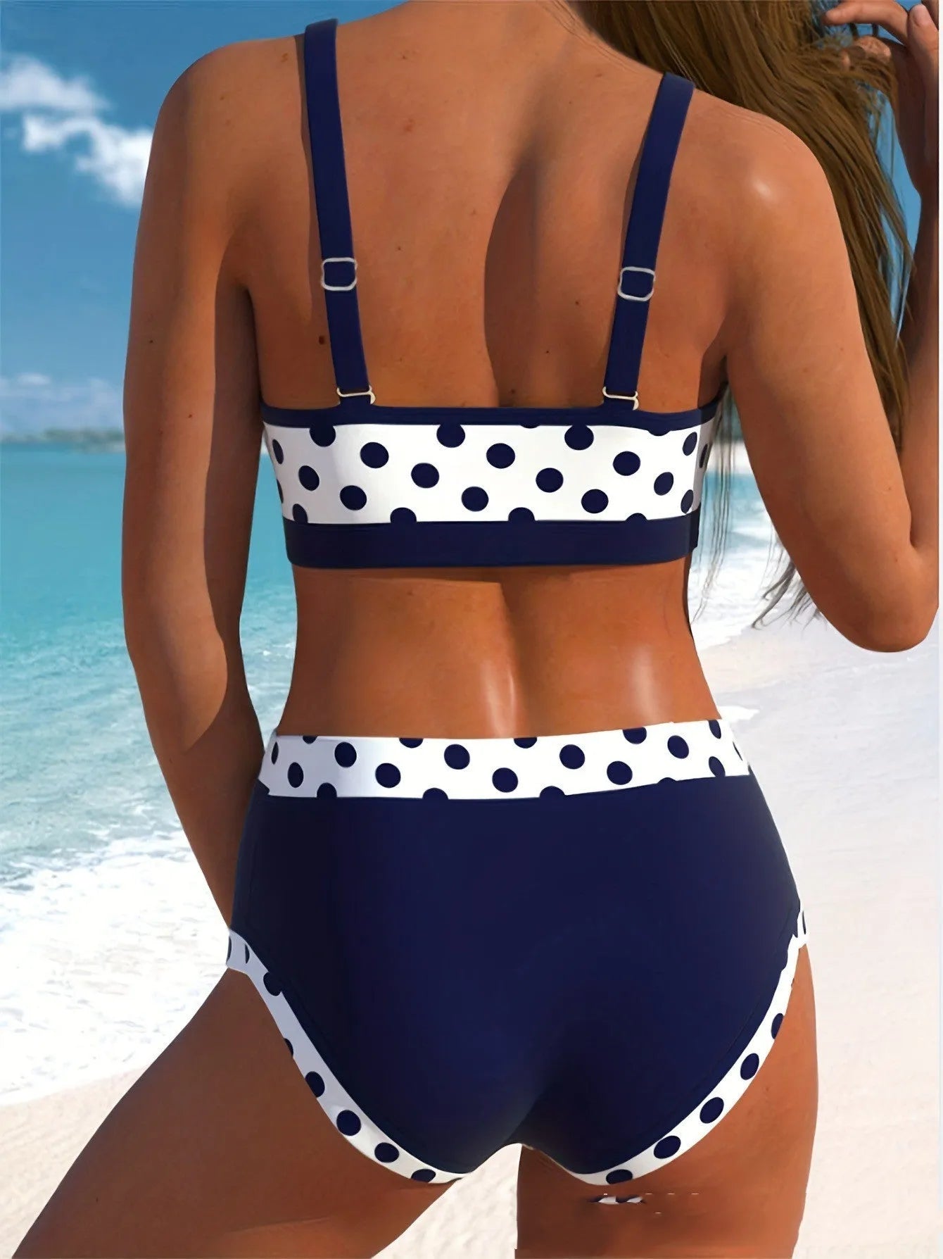Multicolor split bikini swimsuit in boxer brief style with small dot pattern.