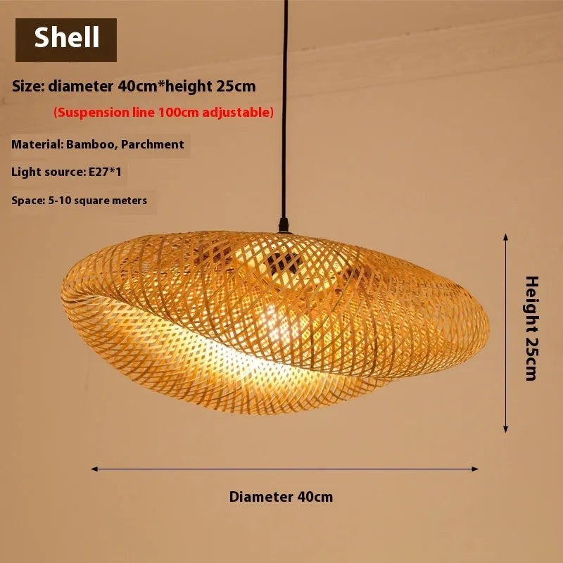 Bamboo Chinese chandelier lamp with 40cm shell for tea room or Zen decor