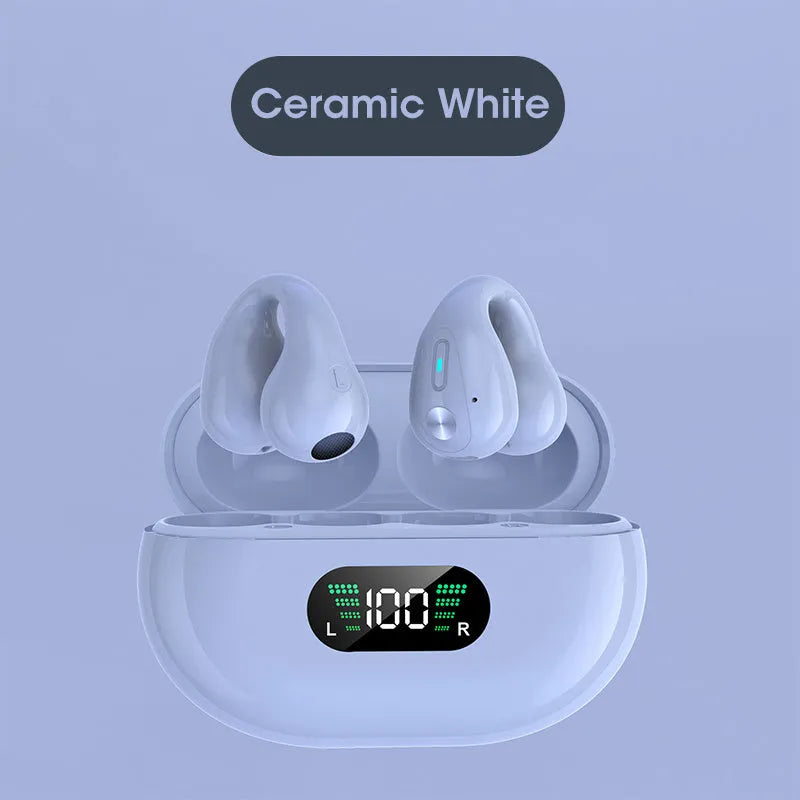 Black bone conduction Bluetooth headset clip worn on ear, showing ear clip design and bilateral speakers.