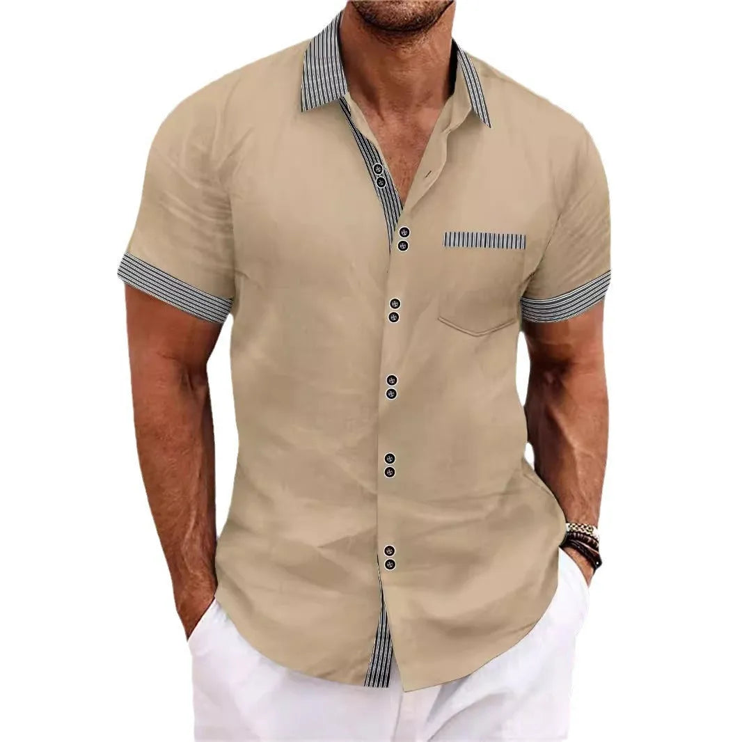Pure cotton slim fit striped short sleeve casual shirt with double button front