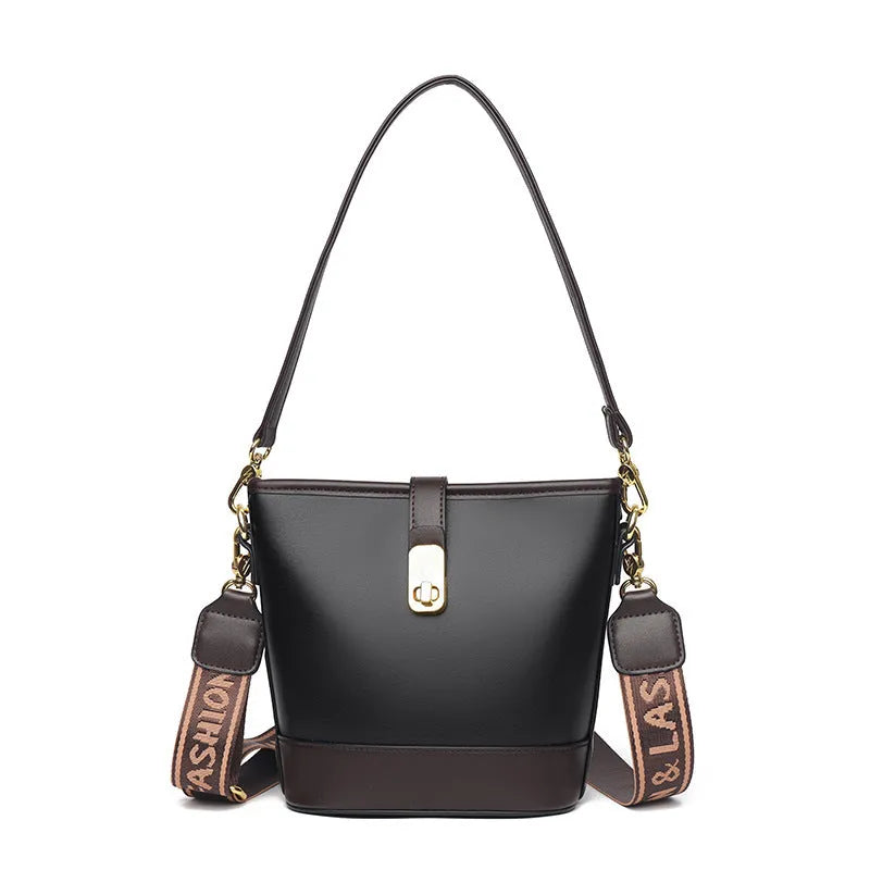 Korean style black bucket messenger bag with double shoulder straps and internal compartments