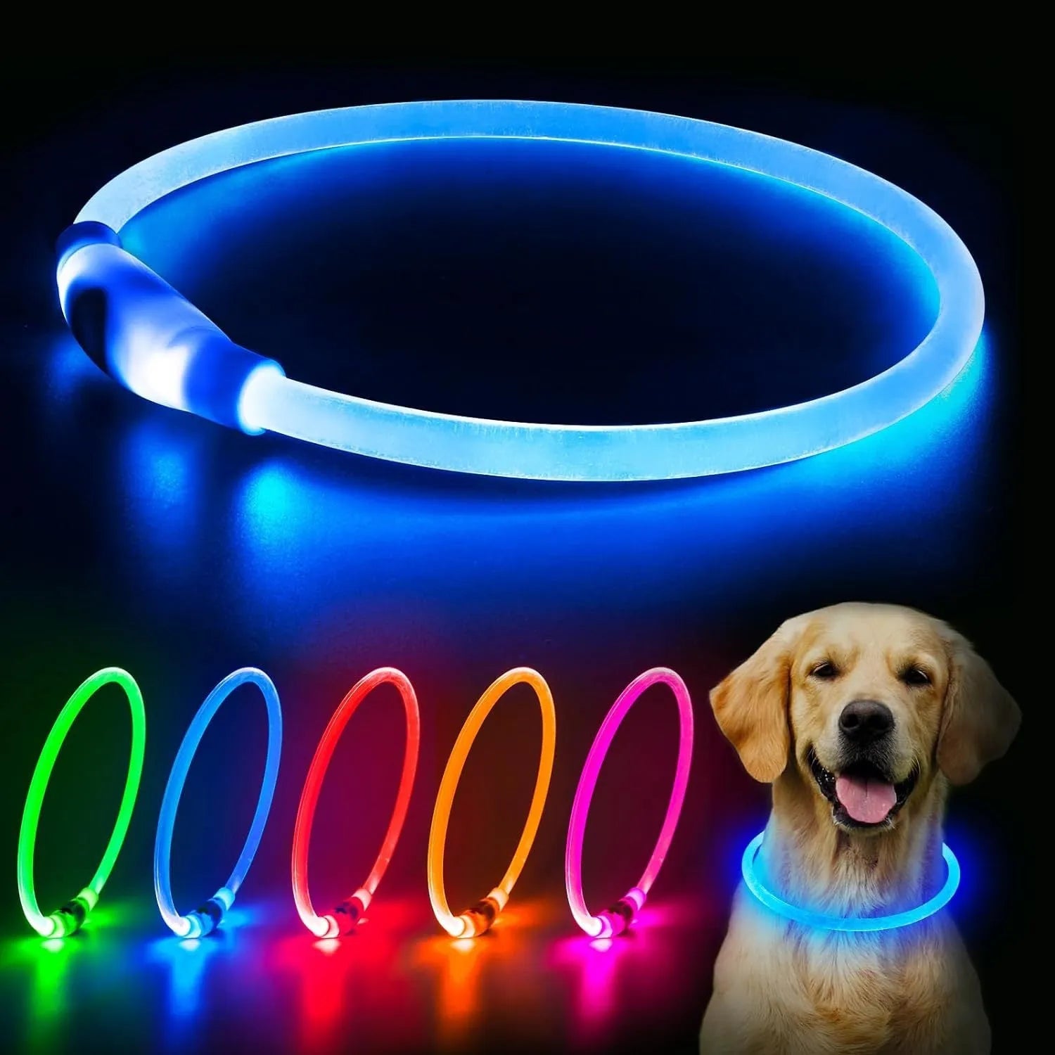 USB rechargeable LED dog collar glowing in dark with adjustable 70cm length