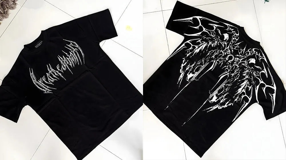 Dark style plus size women's cotton short sleeve t-shirt with loose fit and gilding craft detail