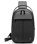 Black Oxford cloth multifunctional crossbody bag for men with zipper closure and shoulder strap on neutral background