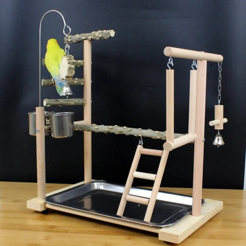 Parrot toy stand with pepper wood pole, a colourful bird swing, and a platform for cage enrichment.