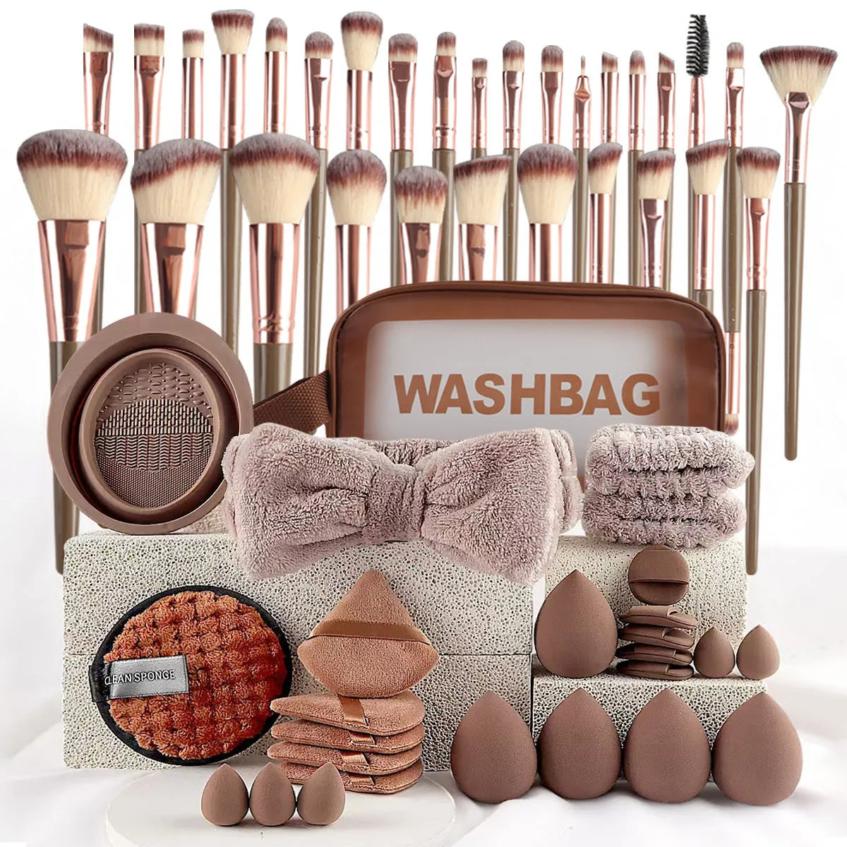 Hydrophilic non-latex beauty tools combination set with multiple cosmetic applicators for face washing and makeup
