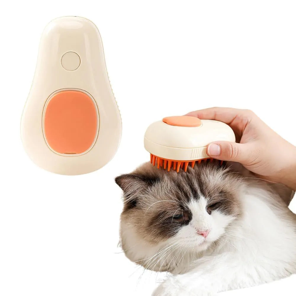 Green and white rechargeable cat steam brush with water spray tank and soft silicone bristles for pet grooming.