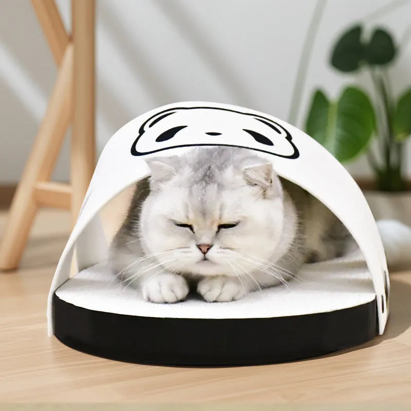 White slipper-style corrugated paper cat scratch board on flat surface