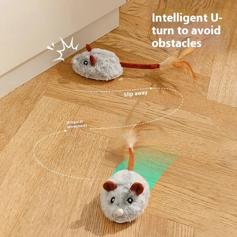 Self-moving electric mouse cat pole toy with plush construction and USB Type-C charging port