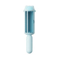 Blue reusable pet hair remover roller with a self-cleaning base on a fabric sofa.