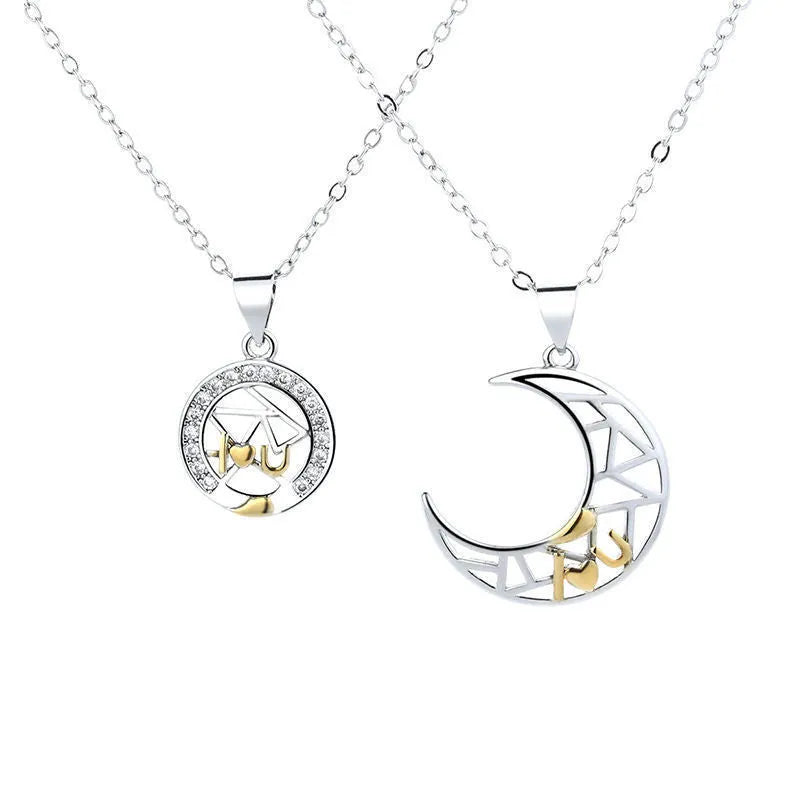 Sun moon couple necklace with copper pendants, electroplated finish and cross chain for men and women