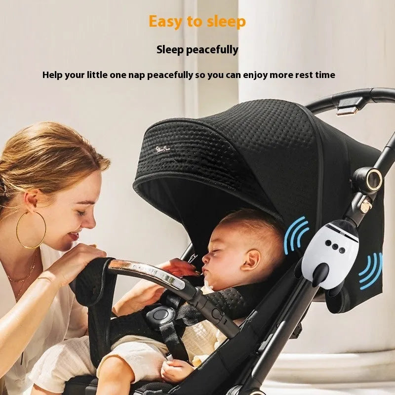 White ABS plastic baby sleep comforter device showing automatic shaking and Bluetooth features for nursery use.