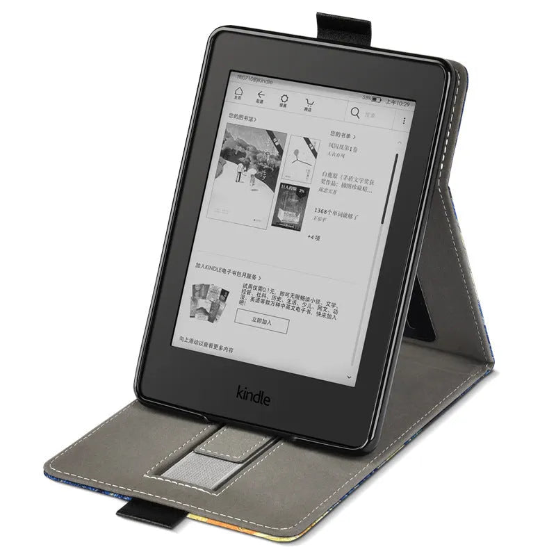 Kindle protective case with bracket handle in TPU material showing embossed design options