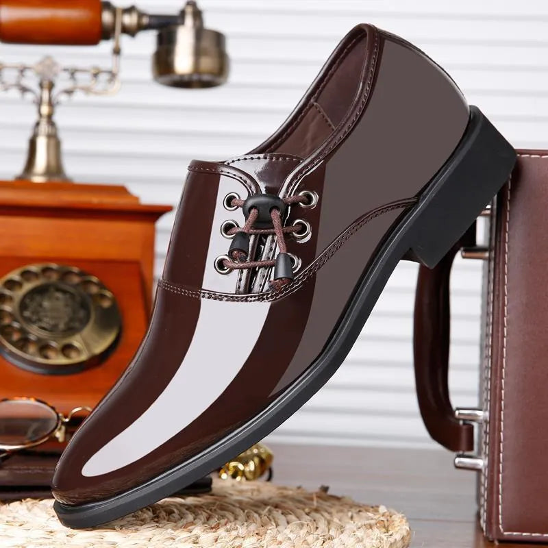 Men's black and brown lace-up formal shoes with round toe and square heel