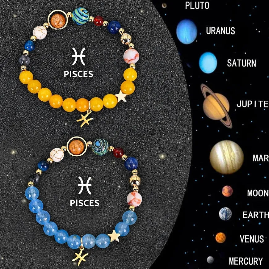 Natural stone beaded bracelets for twelve zodiac signs in two-piece astrology jewellery set