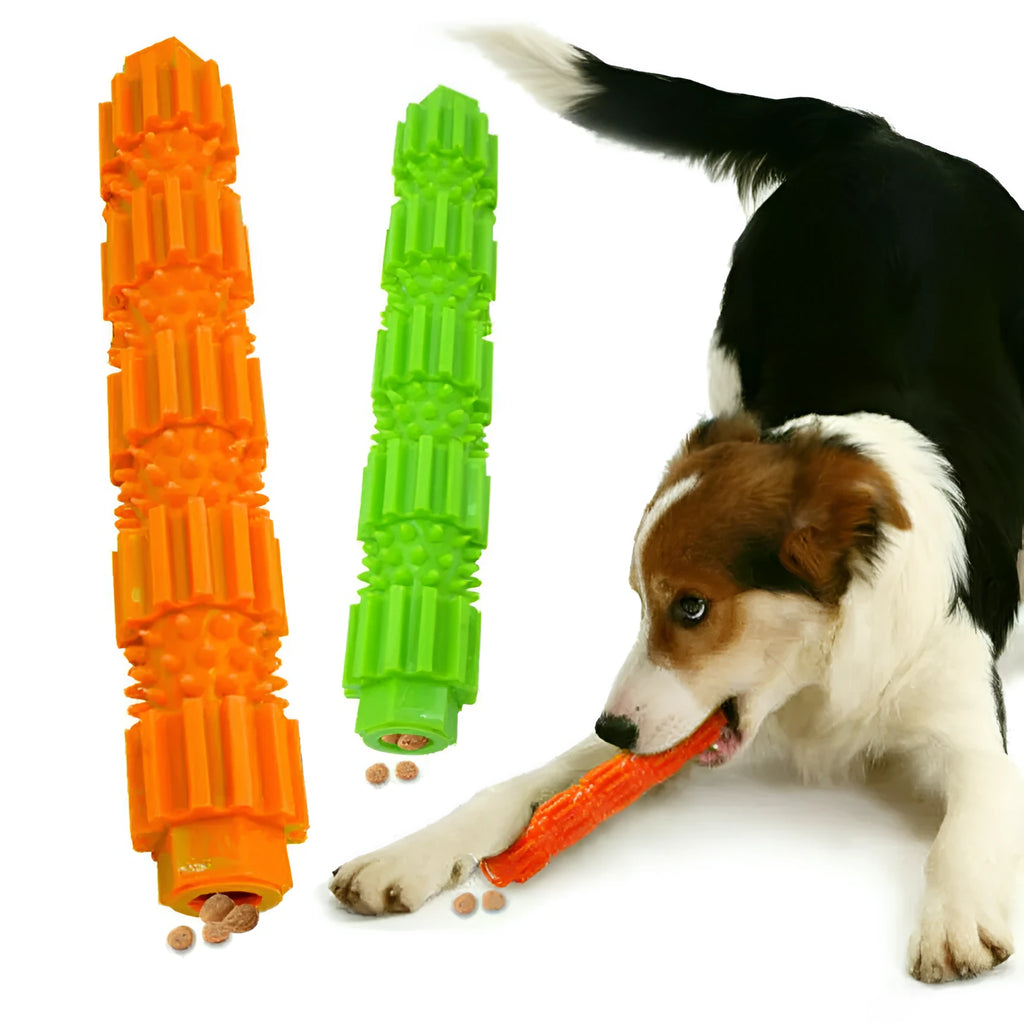 Green and orange rubber dog chew toy for aggressive chewers with treat dispensing hole