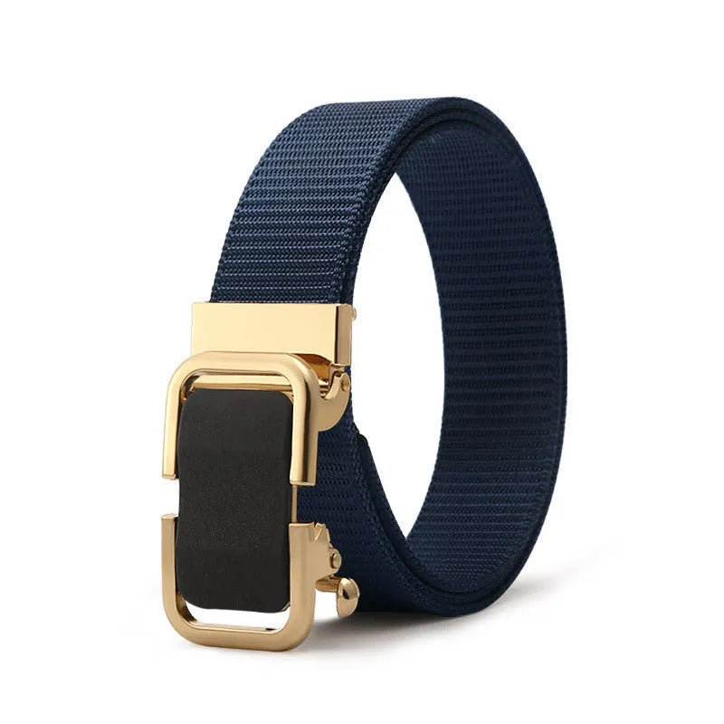 Toothless nylon canvas men's belt with alloy buckle shown in multiple colour options