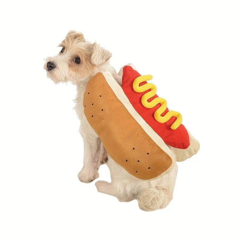 Hot dog costume for small to medium dogs and cats in stuffed design with three size options