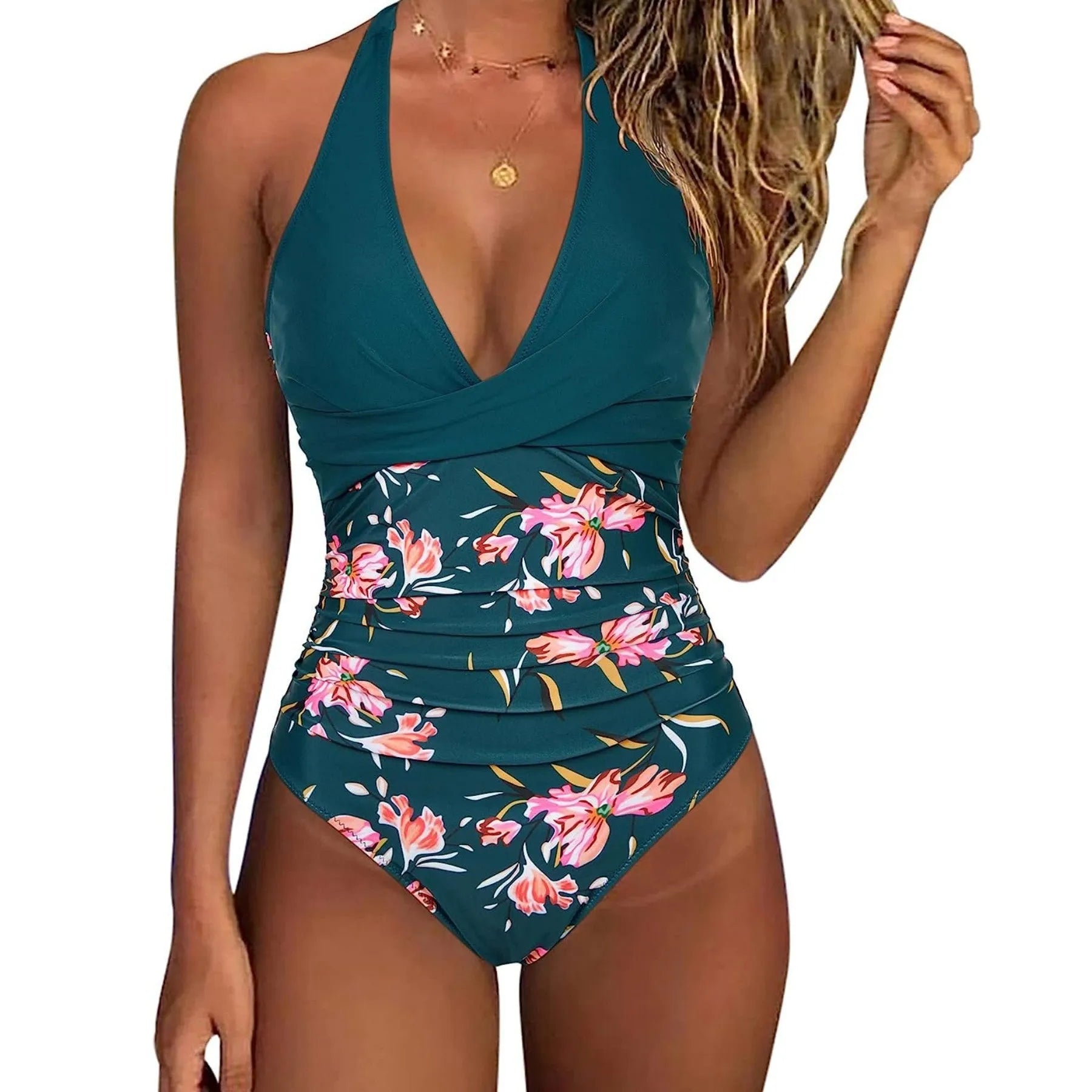 Printed split backless bikini swimsuit with lace-up gather detail in polyester fabric showing floral pattern